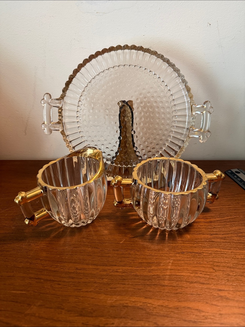 Vintage Glass Gold Trimmed Cream and Sugar Set with Tray